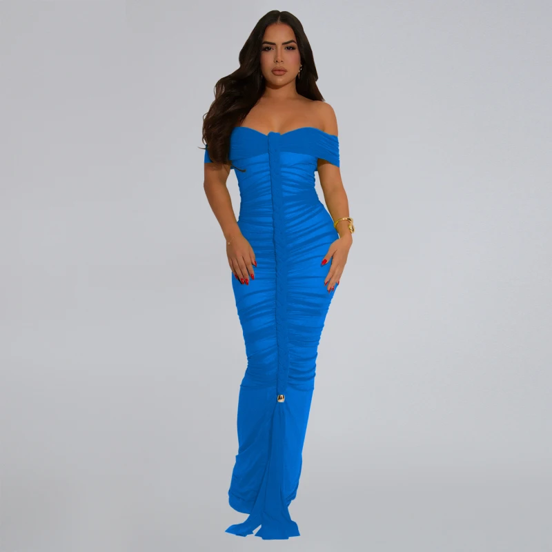 Robe longue froncée en maille pour femmes, Sexy, Patchwork, épaules dénudées, transparente, dos nu, moulante, Clubwear, été