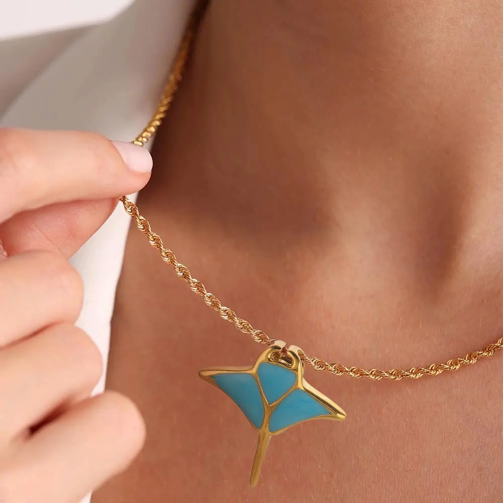 2025 New 2pcs Stainless Steel Devil Fish Charm Blue Enamel DIY Necklace Bracelet Jewelry Making Accessories Waterproof Wholesale view 4
