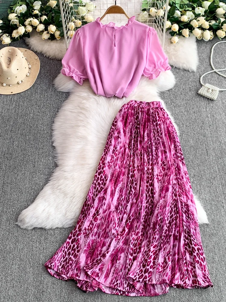 

Retro Floral Print Bubble Sve round Ne Top High Waist Slim Fit Leopard Skirt Two Piece Set Women's Faion Summer Outfit