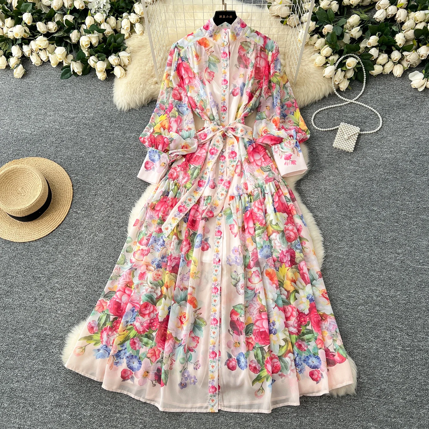 

Vintage print Casual O-Neck chic single breasted lantern sleeves slim fit long Dress French holiday high street spring clothing