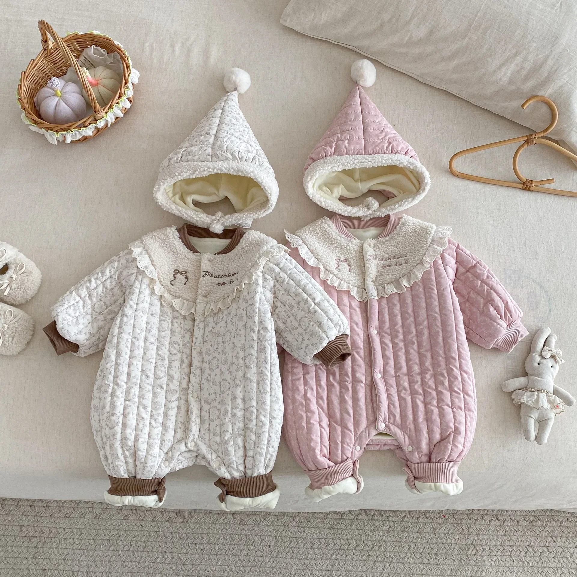 Baby Girl Romper Detachable Elf Hood Floral Lace Quilted Jumpsuit Cute Thickened Winter Infant Crawler Outfit