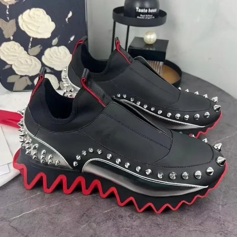 

Shark Shoes Designer Brand Shoes Rivet Genuine Leather Red Bottom Thick Bottom Height Boosting Sports and Leisure Shoes