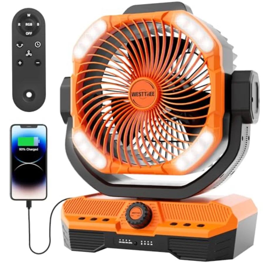 Battery Powered Fan for Bedroom: Orange ABS Plastic, Quiet 360 Auto Oscillating Air Circulator with RGBW LED Light Rechargeable