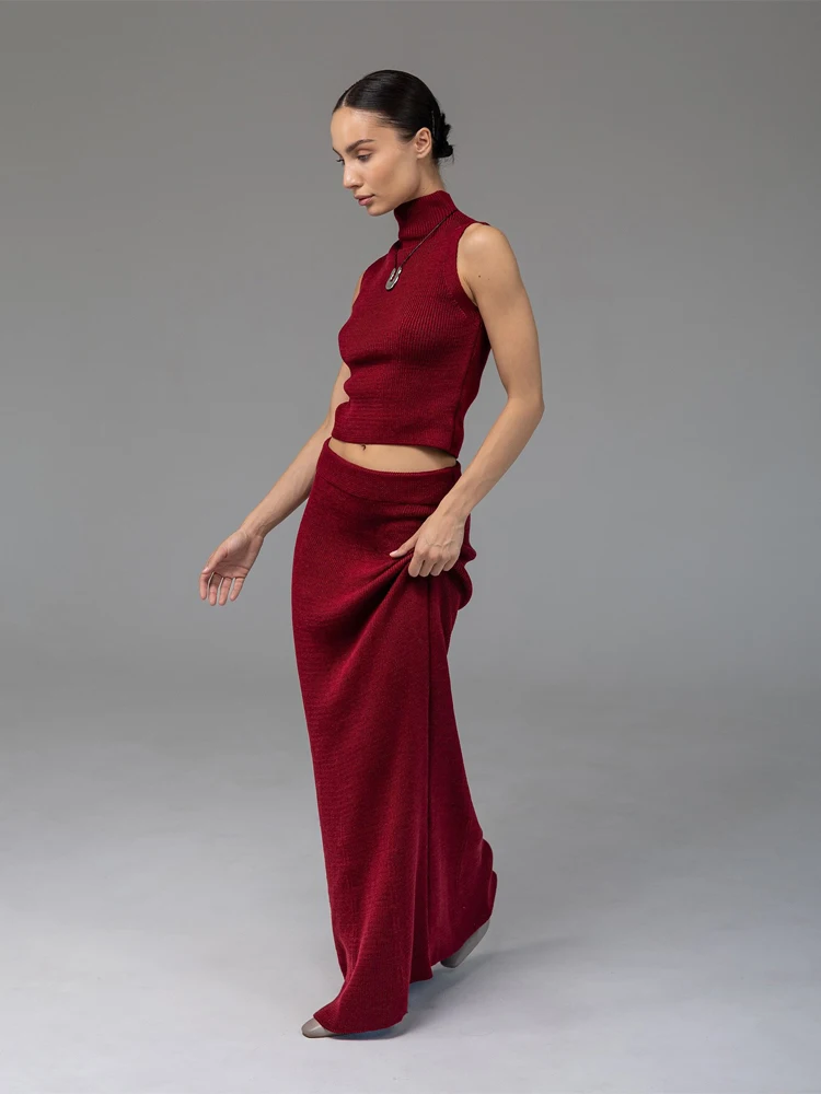 Lady Elegant Solid Knitted Long Skirt Set Women Chic High Collar Sleeveless Pullover  Maxi Skirts Sets 2026  High Street Outfit