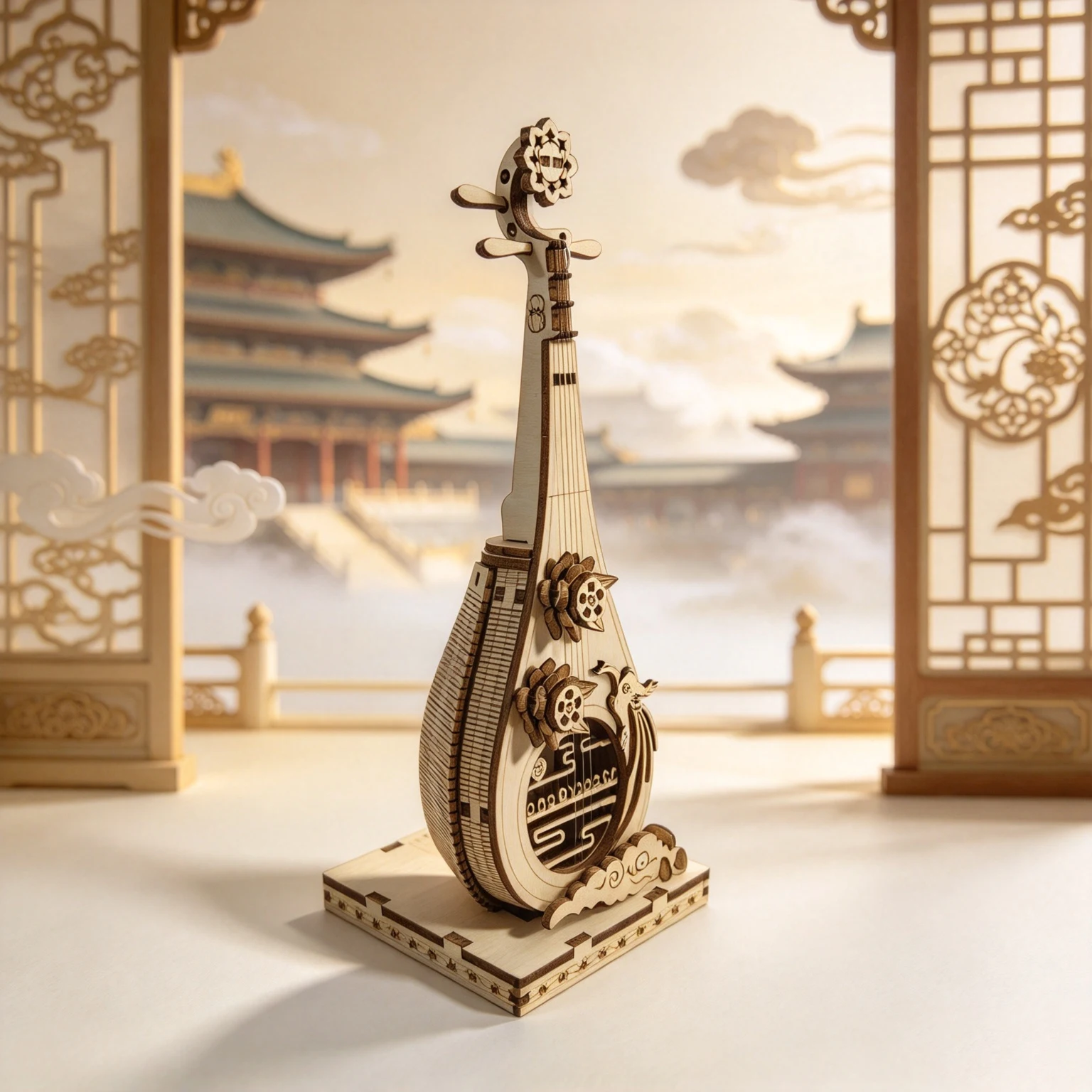 Tang Dynasty Pipa 3D Wooden Construction Model, Handmade DIY Puzzle Ornament, Chinese-style Palace-themed Construction Model