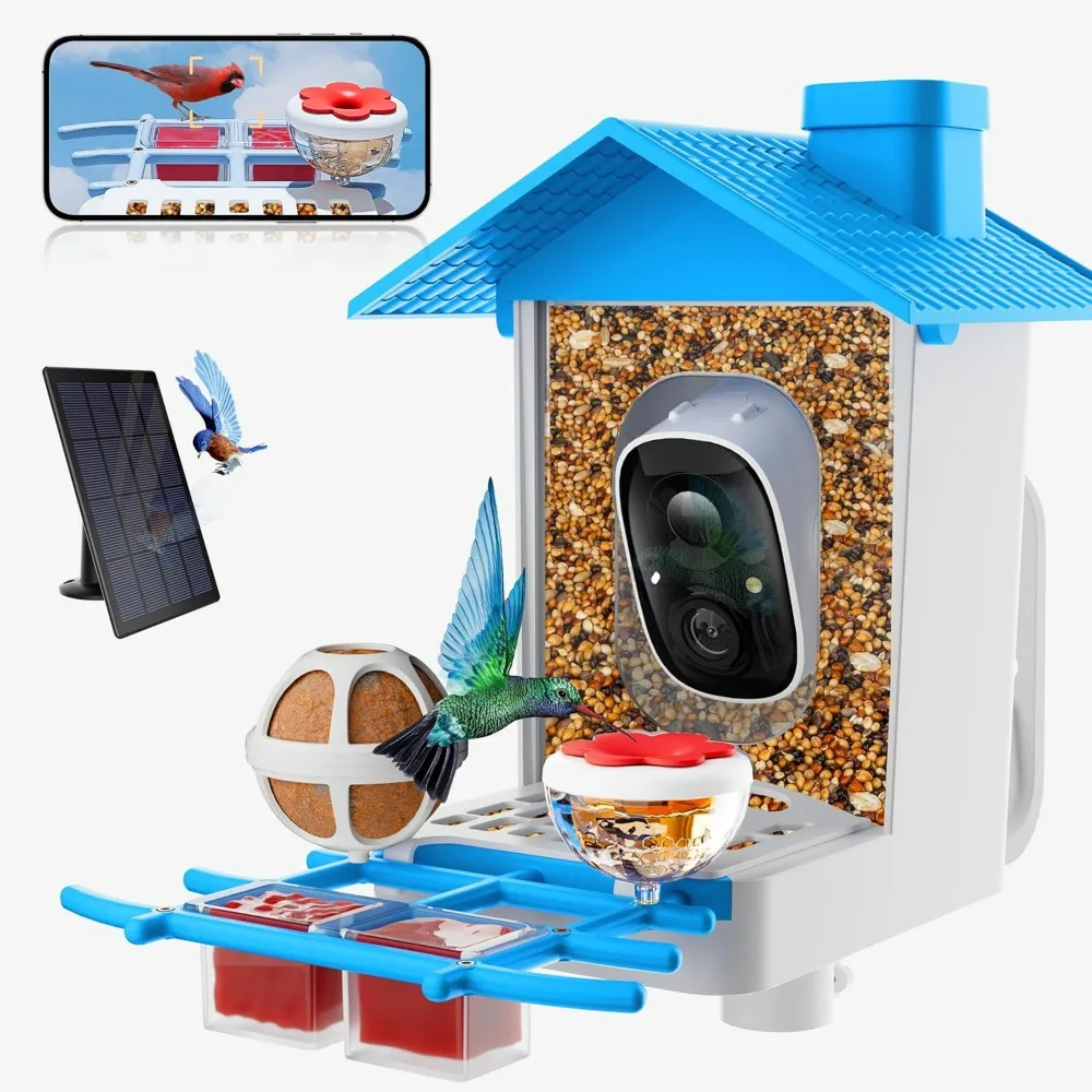 Bird Feeder with Camera, 2K HD Bird Video Capture, 5000mAh Battery with Solar Panel, Instant Arrival Alerts, Live View