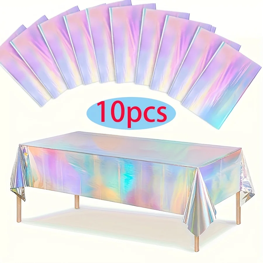 10 件 Iridescent Holographic Disposable Foil Table Covers - Plastic Machine Made Celebration Supplies for Wedding Bridal Shower