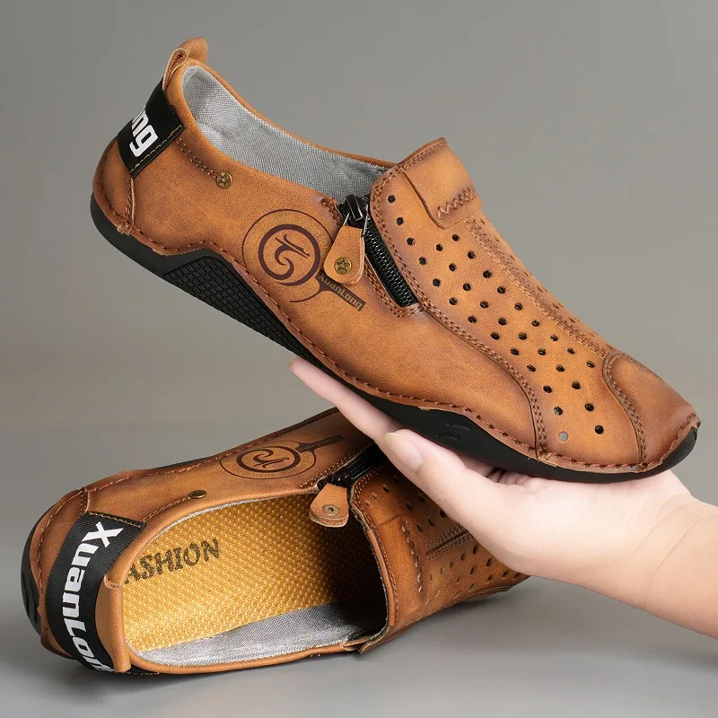 

Doudou Shoes Large Size Men's Casual Octopus Zipper Leather Shoes