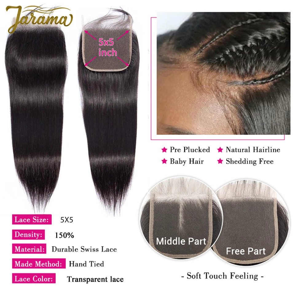 Bone Straight Human Hair Bundles With Closure Remy Hair Bundles With Transparent 5x5 Closures Brazilian Hair Weave Extension 3 Day Delivery France