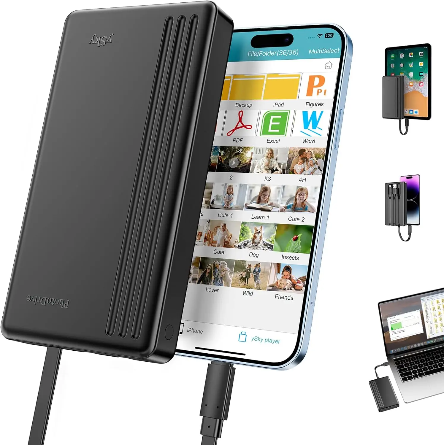 

2TB Portable Hard Drive for iPhone, iPad, MacBook & Android: Backup Photos, Videos, Files with MFi Certified