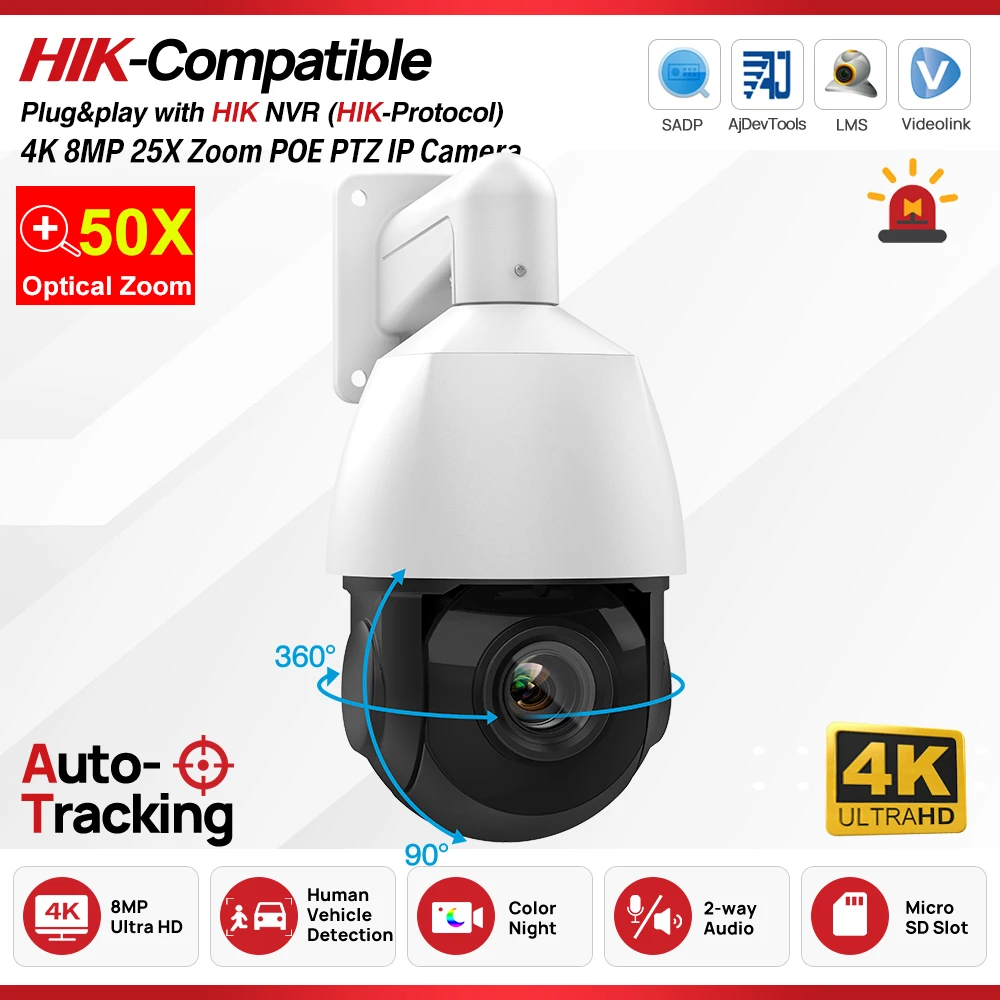 Hikvision Compatible 4K 8MP POE 50X Zoom Speed Dome PTZ IP Camera IR100M Outdoor Video Surveillance Camera CCTV Security Camera