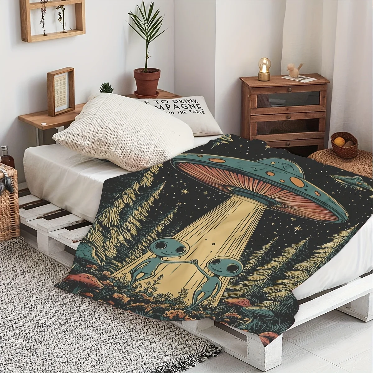 [Holiday Cheer] Whimsical UFO and Alien Encounter Fleece Blanket - Soft Polyester, Colorful Outdoor and Home Decor, Ideal for Va