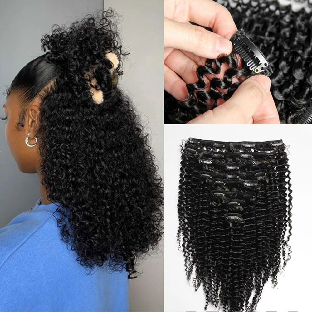 Kinky Curly Clip in Hair Extensions Human Hair 100G Hair Water Wave Indian Human Hair Clip in Extensions Deep Wave Clip ins