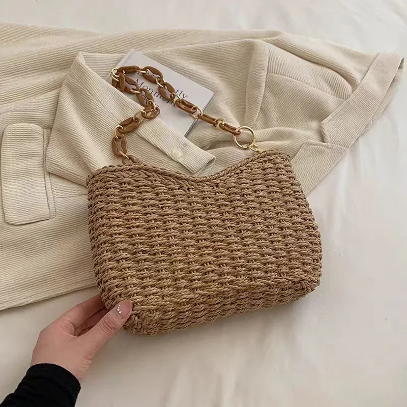 Straw Woven Shoulder Bag for Women Luxury Beach Vacation Handbag Portable Seaside Travel Accessory view 3