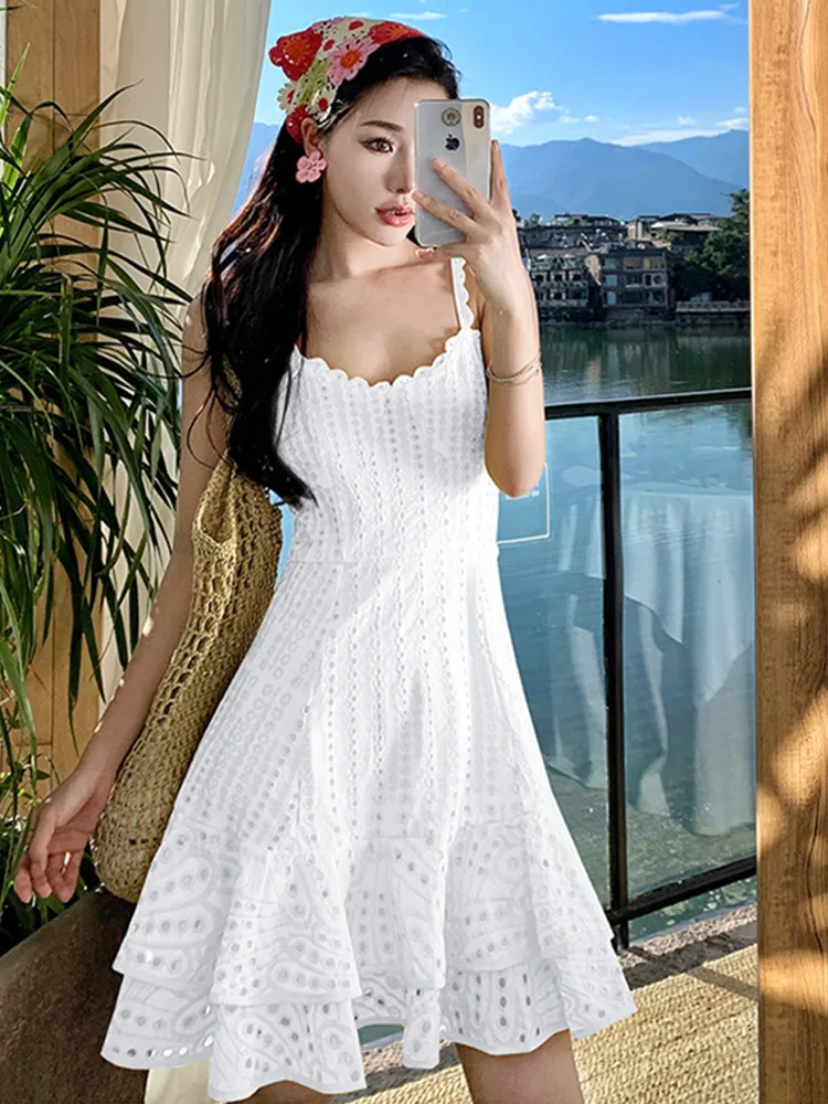 SMTHMA Slim Embroidery Hollow Out Dresses For Women V-Neck Sleeveless Spaghetti Strap High Waist Dress Female Fashion New