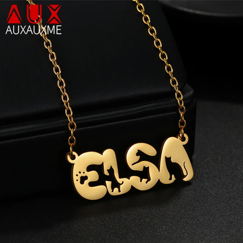 Auxauxme Custom Pet Cat Pattern Name Necklace for Women Personalized Stainless Steel Cute Paw Letters Pendant Jewelry Gifts