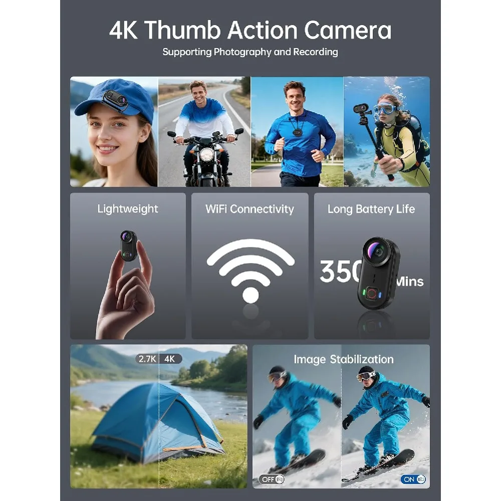 4K Mini Body Action Wearable Body Camera Magnetic Thumb Size Action Cam Stabilization Audio/Video Recording Action Camera Gift