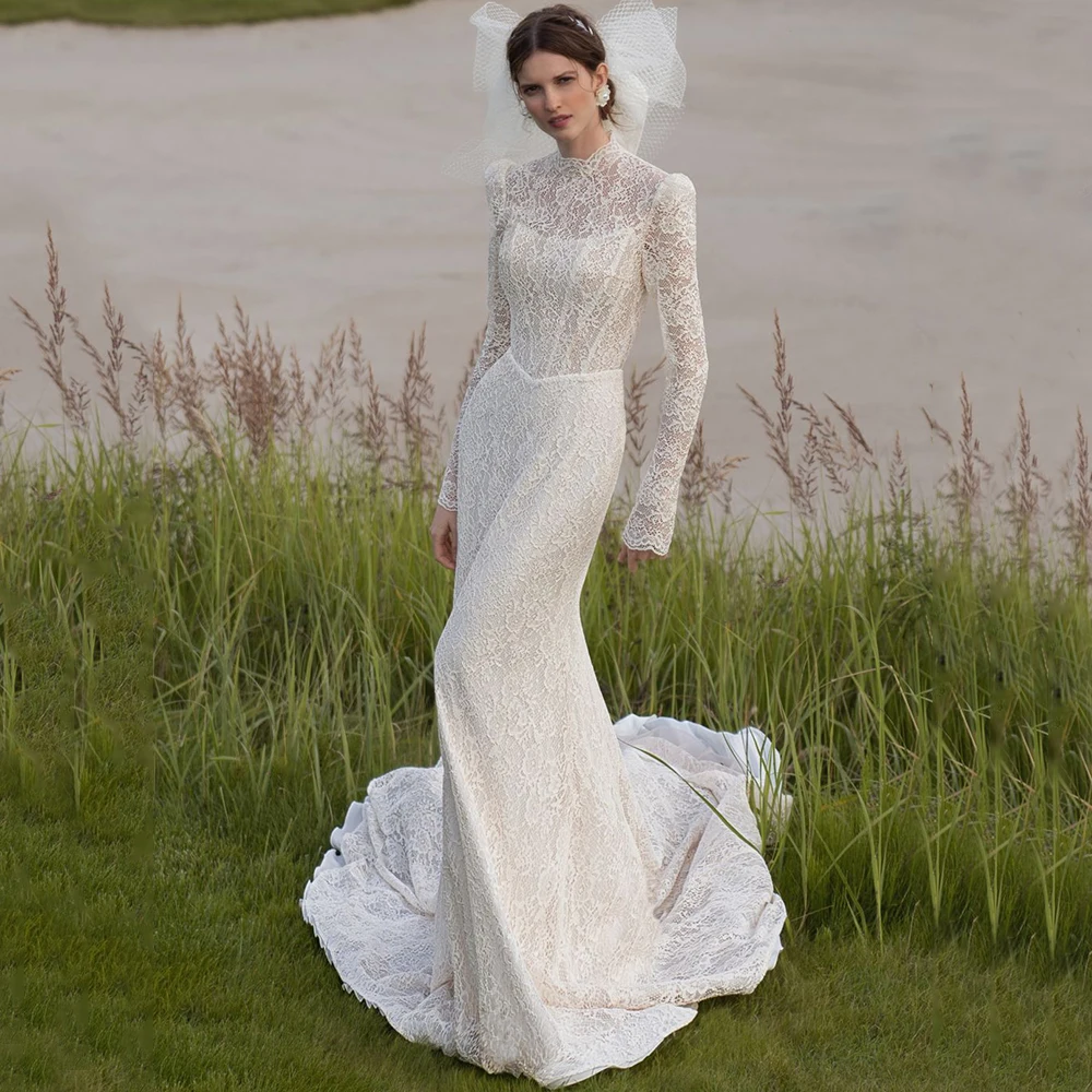 

Exquisite Lace Mermaid Floor Length Wedding Dress High Neck Long Sleeve Sexy Open Back Bride Customized Sweep Train Gowns