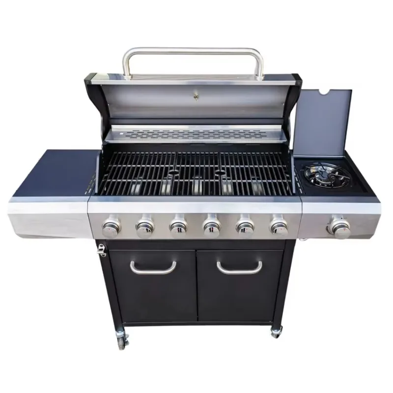 Oversized 6-burner gas grill with side grill, steel construction, cart, easy to assemble