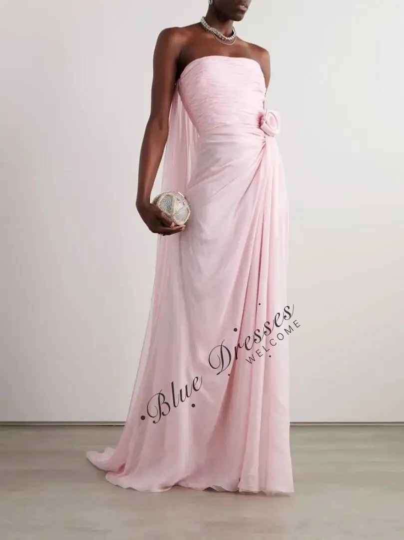 

Customized Long Pink Evening Dresses with Flower A-Line Strapless Pleated Floor Length فساتين سهرة Prom Dress for Women