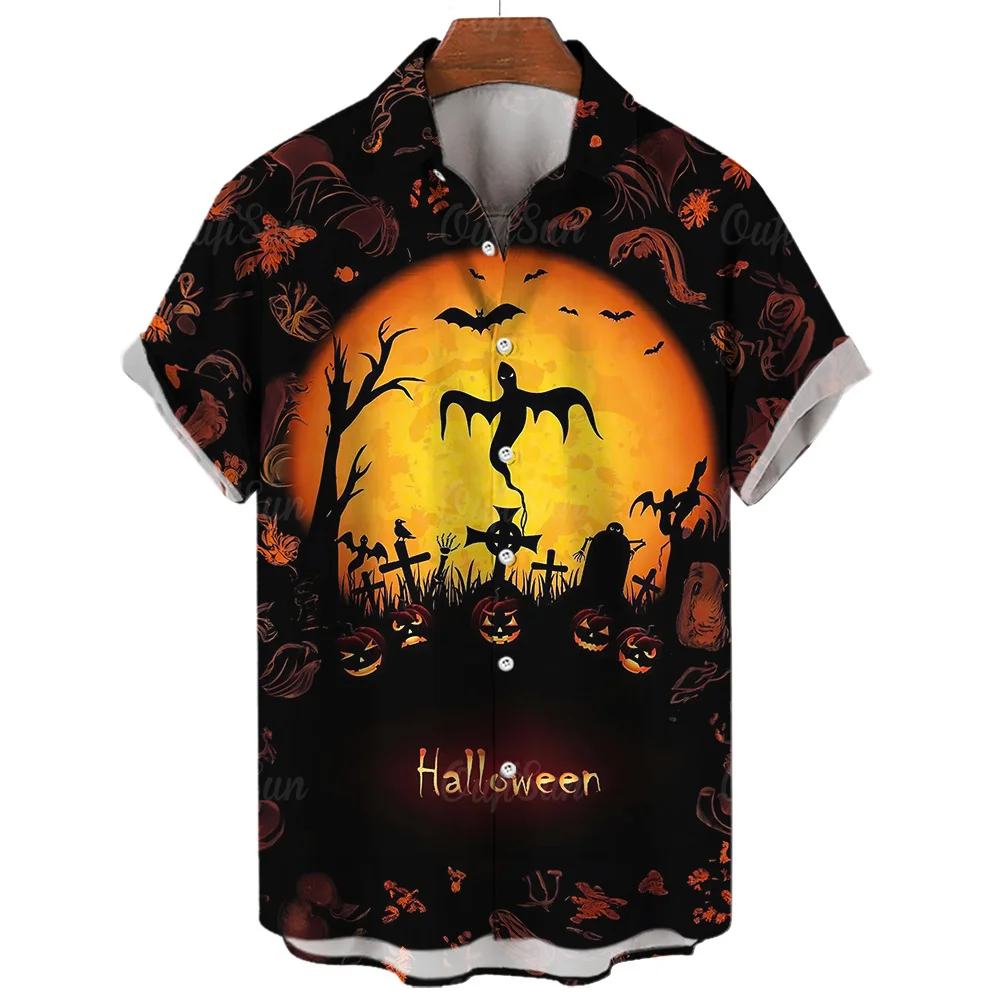 Halloween Ghost scarecrow pumpkin bat Shirts For Men 3d Horror skull Printed High-Quality Beach Fashion Short Sleeved Hawaiian