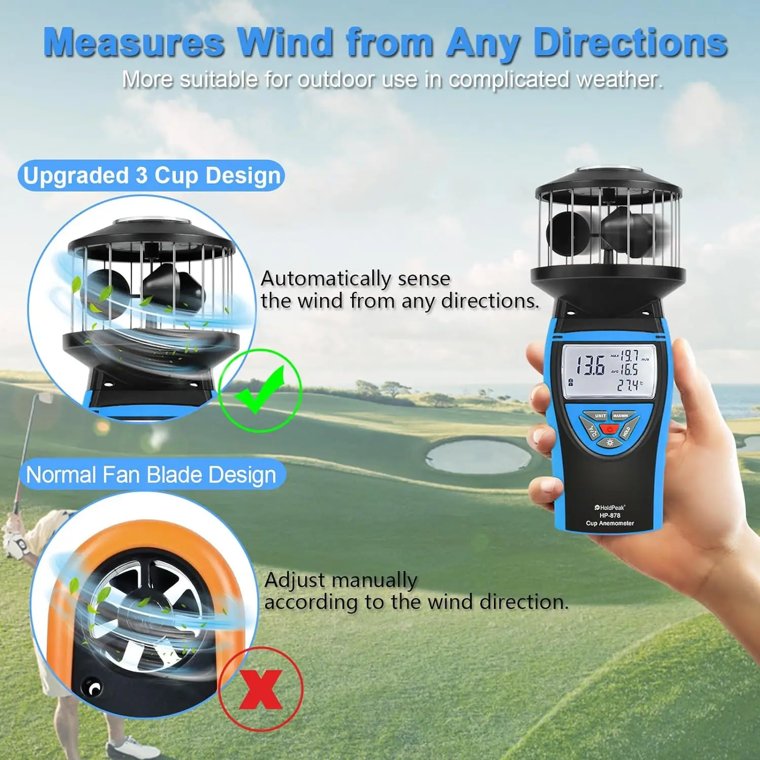 878  Handheld Cup Anemometer with Compass, 360 Wind Measuring Digital Air Wind Speed Meter