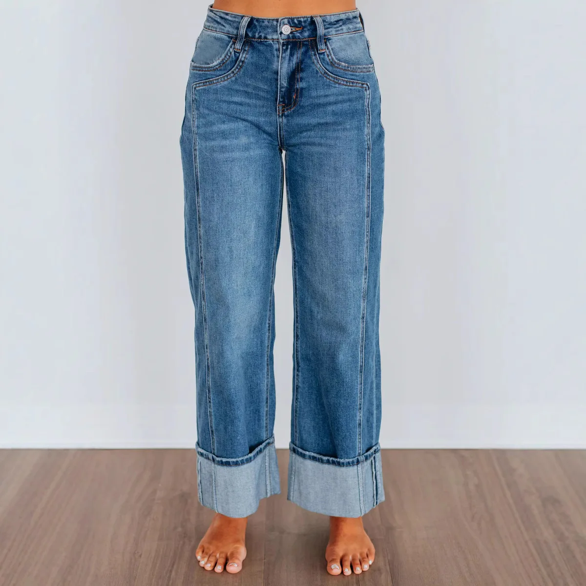 Women Bleached Casual Loose Middle Waist Straight Women's Fashion Jeans Denim Pants High Waist