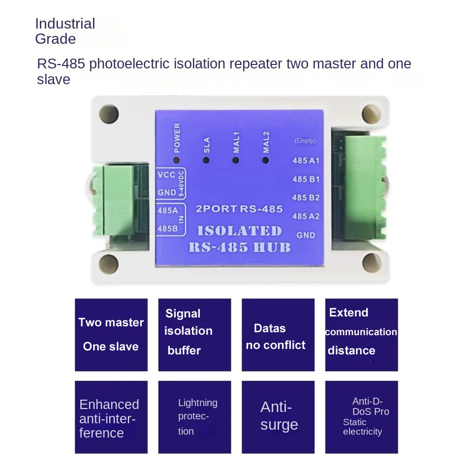 Industrial Grade Two Master One Slave Hub RS485 Repeater Buffer Photoelectric Isolation Modbus