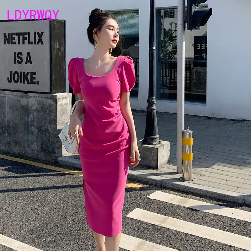 

2022 new bubble short sleeve slim dress women summer new waist reduction temperament slimming MIDI skirt