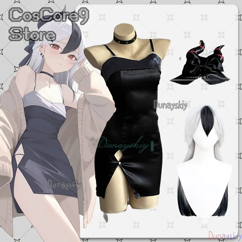 blue-archive-onikata-kayoko-black-halter-evening-dress-cosplay-할로윈-의상-shawl-coat-wig-women-uniform-halloween-carnival-party