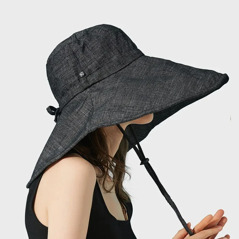 Summer Wide Brim 18cm Linen Sun Hats for Women Uv Protection UPF 50+ Sunshade Foldable Bucket Hat Beach Outing Panama