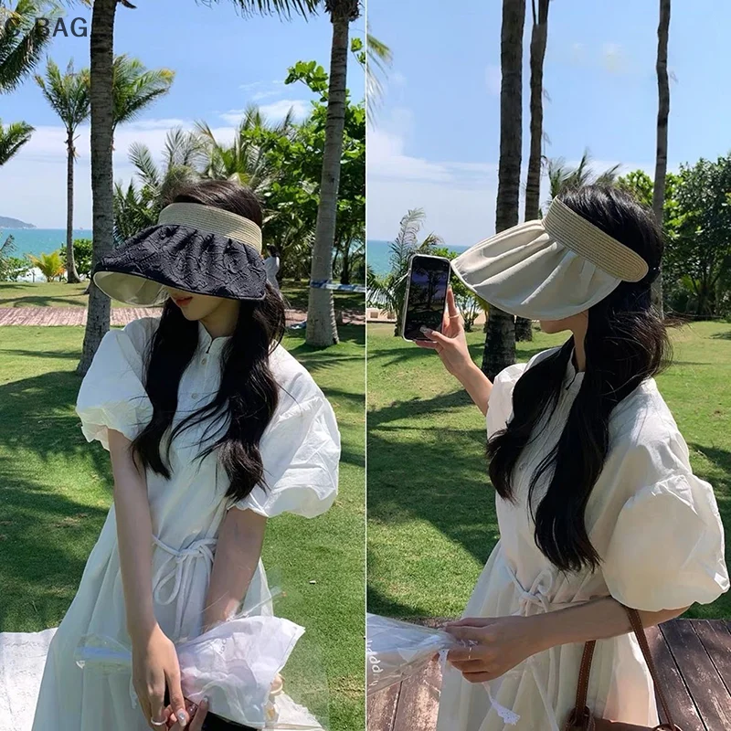 

Summer Travel Sunshade Sunblock Hat Large Eaves Anti-UV Temperament All Empty Top Hat Tidal Sun Hat Children's Straw Hat