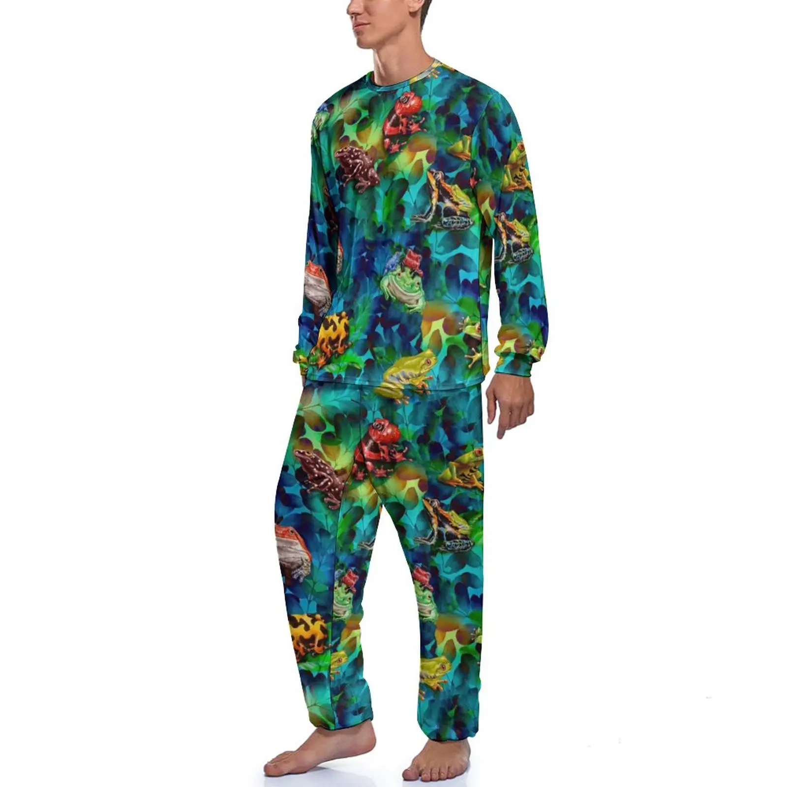 Colorful Frog Art Pajamas Man Watercolor Animal Print Warm Sleepwear Daily Long Sleeve 2 Pieces Aesthetic Graphic Pajamas Set