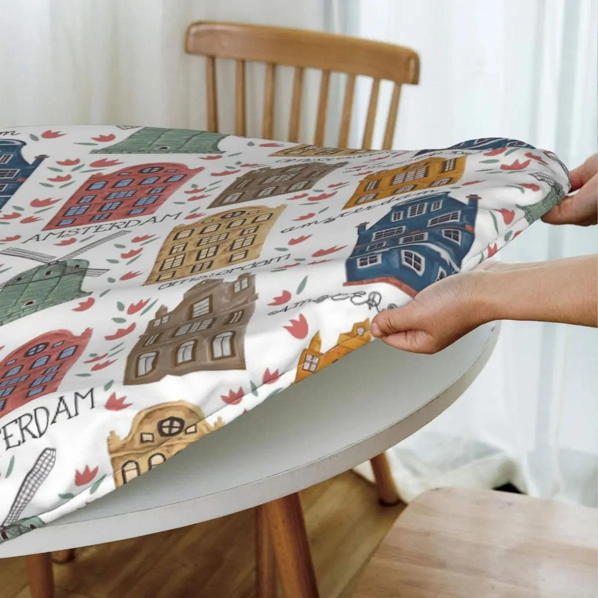 Amsterdam. Seamless Pattern With Old Historic Buildings Round Tablecloth Oilproof Table Cloth Kitchen Events Dining Table Cover
