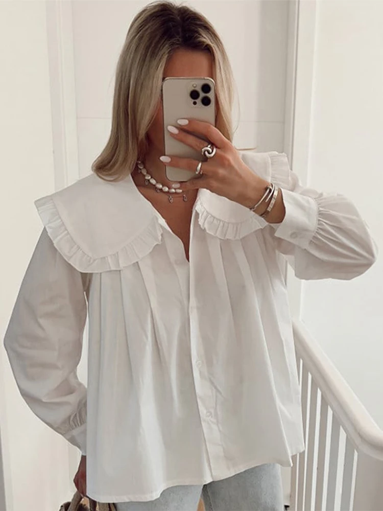 Pleated Doll Collar Solid Shirts Women Single Breasted Long Lantern Sleeve Loose Blouse 2024 Spring Lady New Casual Commuter Top