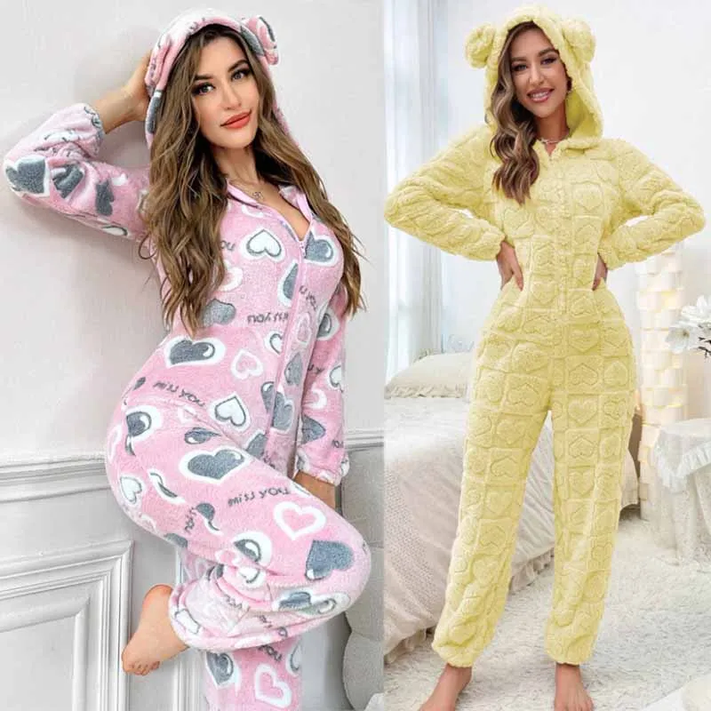 Women Autumn Winter Conjoined Warm Home Wear Pajamas Hooded Flannel Thick Loungewear Sleepwear Newest Home Clothes Nightwear