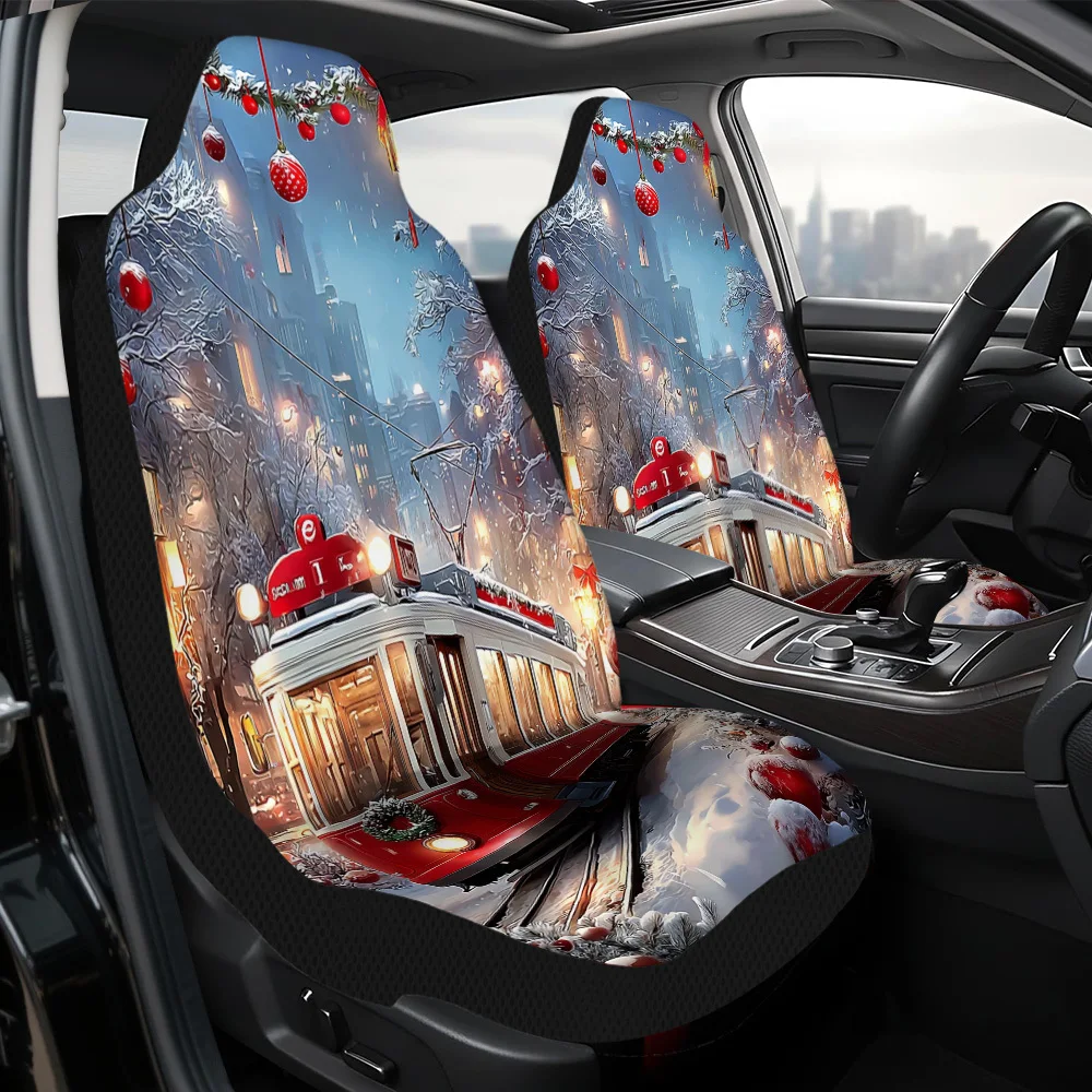 2pcs, Winter Tram Christmas Snowy Scene Pattern Car Seat Covers, Soft And Comfortable, Fit For Front Seats, Perfect For Family