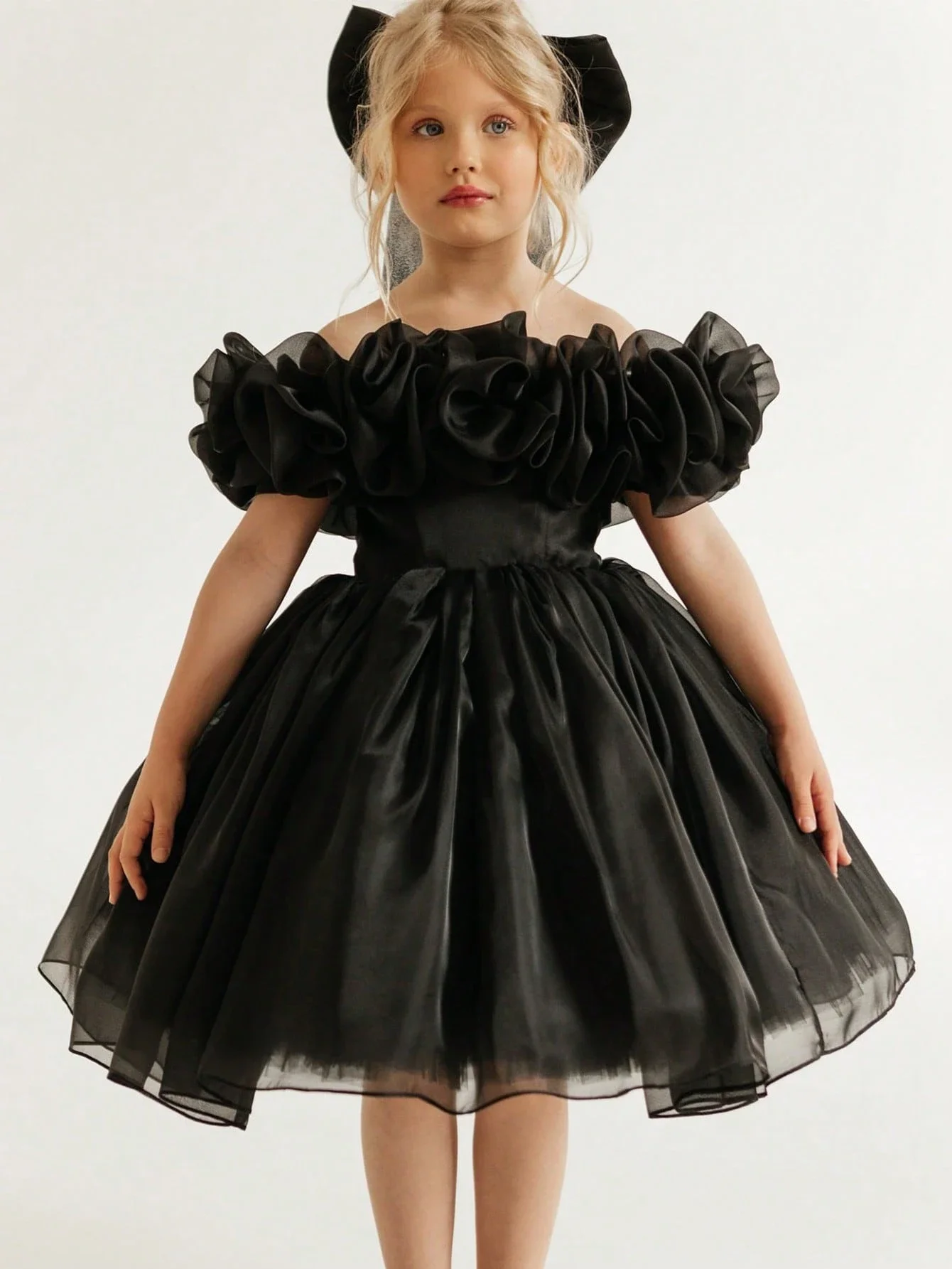 

Black Off Shoulder Ruffle Tulle Dress With Bow For Women Formal Occasion
