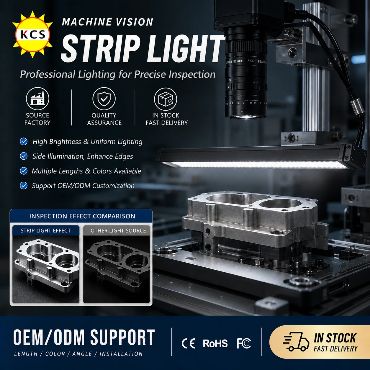 KCS Machine Vision Long Strip Light 24V Bar Light LED Long Strip Light Source Detection Recognition Lamp DC 24V Width 12mm