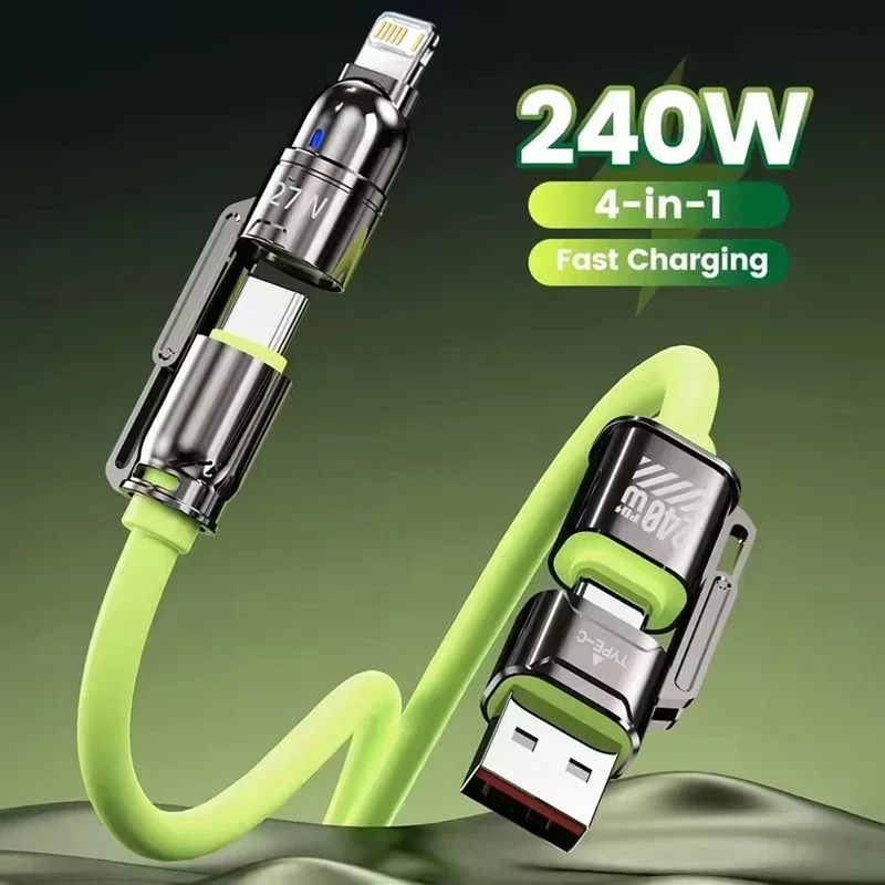240W Super Fast Charging 4 In 1 Data Cable USB-C/Lightning/USB-A for iPhone Samsung Huawei Xiaomi Phone Cord