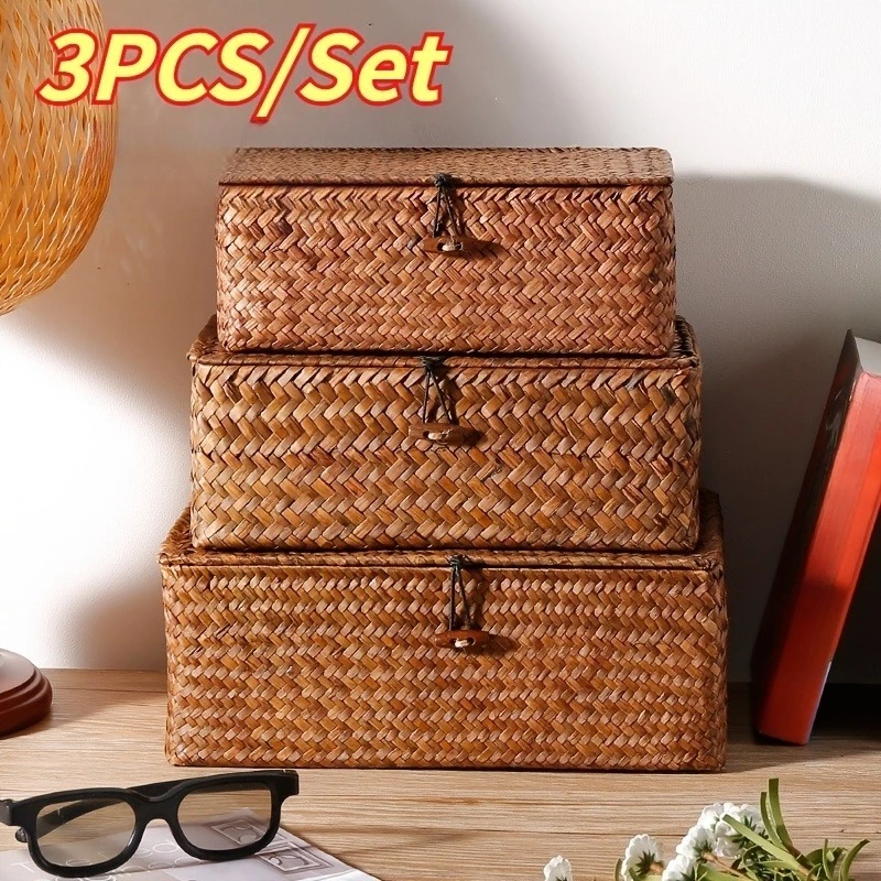 3 sztuki: pudełko do przechowywania z pokrywką, ręcznie plecione ze słomy, w rozmiarach S, L i XL, w stylu vintage, idealne jako organizer na biurko, koszyk imitujący rattan, do przechowywania