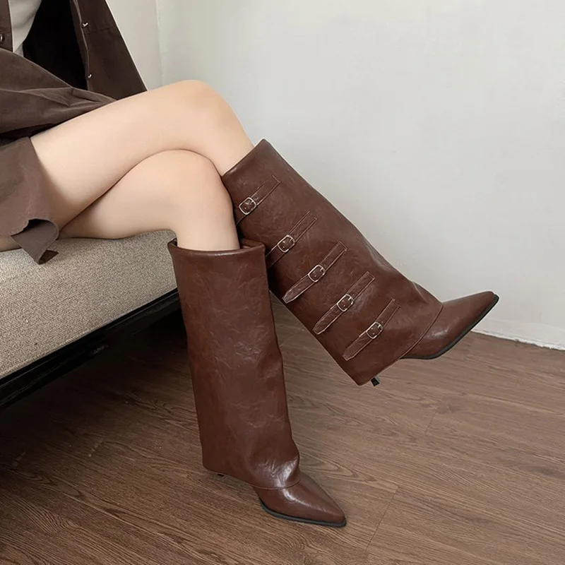 2025 Autumn Winter New Retro Belt Buckle Long Leg Wasten Cowboy Boots Women Thin Heels Pants Boots Woman Knight Boots High Boots
