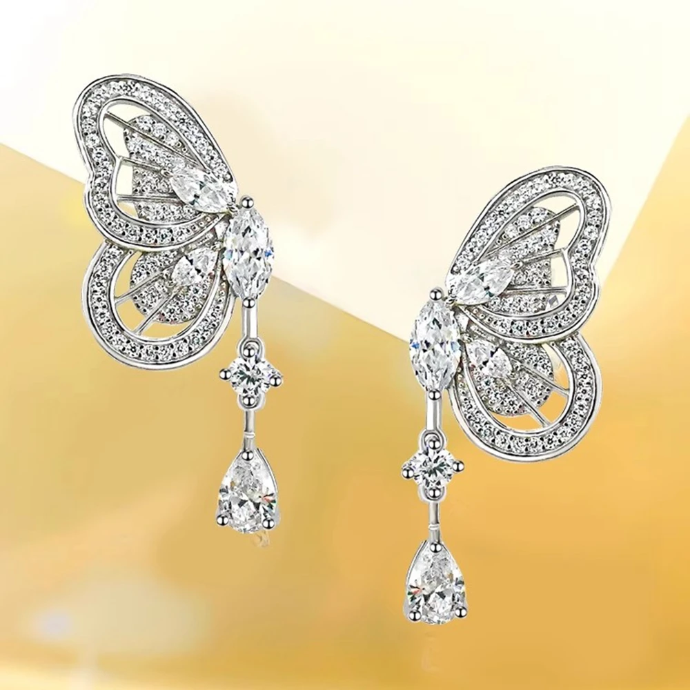 PuBang Fine Jewelry Luxury 925 Sterling Silver Created Moissanite Butterfly Drop Earrings for Women Engagement Anniversary Gifts