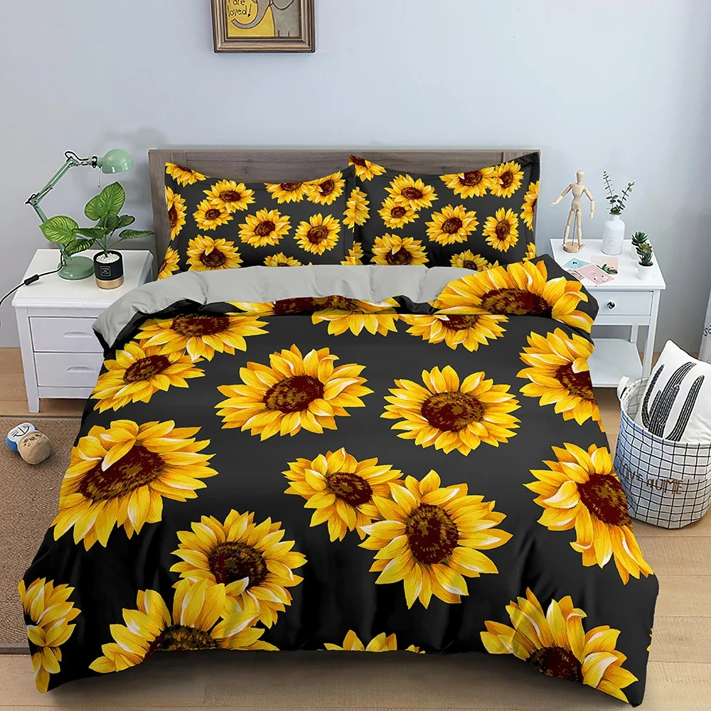 3D Sunflower King Queen Duvet Cover Yellow Flowers Bedding Set  Floral Green Leaves Comforter Cover 2/3pcs Polyester Quilt Cover