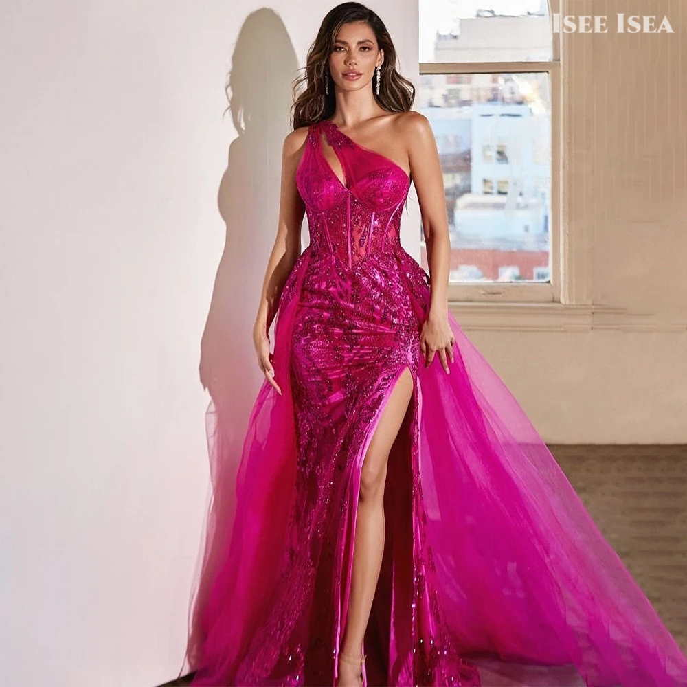 

Evening Dresses for Woman Tulle Lace Appliques robe de soirée One Shoulder High Split Sexy Back Club Night Dress Customized