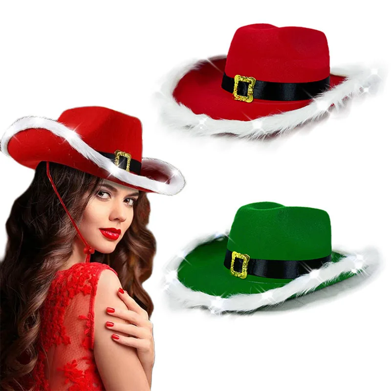 

2025 New Christmas cowboy hat Christmas party LED cowboy hat Golden buckle green elf hat