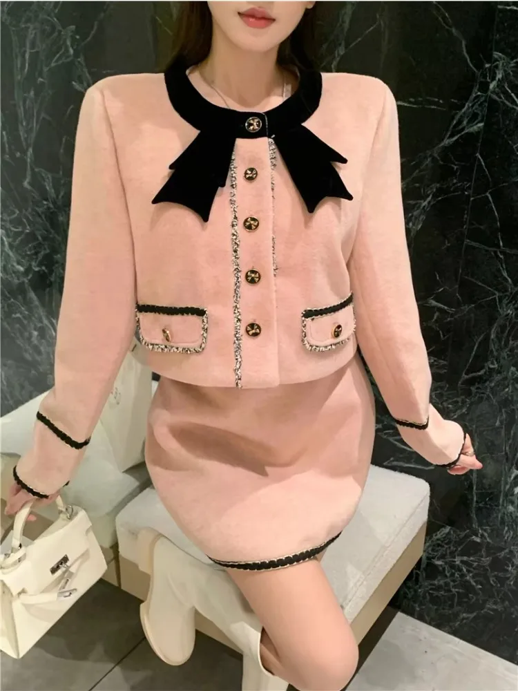 

Insozkdg Sweet Temperament Woolen Coat Sparkling Fluffy Skirt Two-piece Set Women Fashion Bow Splice Korean Slim Winter Suits