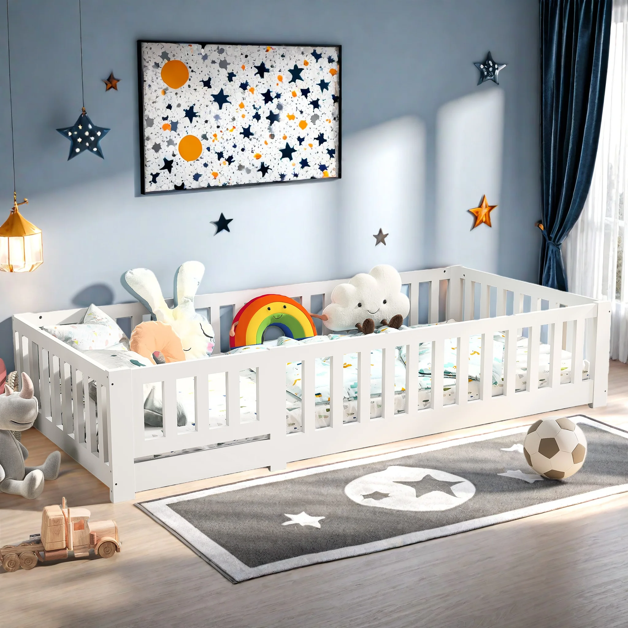 Rosahqnda Montessori Kinderbodenbett 90 x 200 cm mit Absturzsicherung, einschließlich Lattenrost, Einzelbett mit Babytür