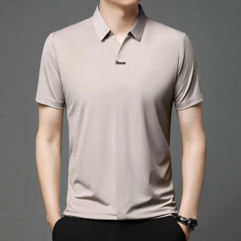 Smart Casual Summer Polo Shirts Men\'s Turn-down Collar Solid Color Thin Style Ice Silk Trend Versatile Slim Short Sleeve Tops