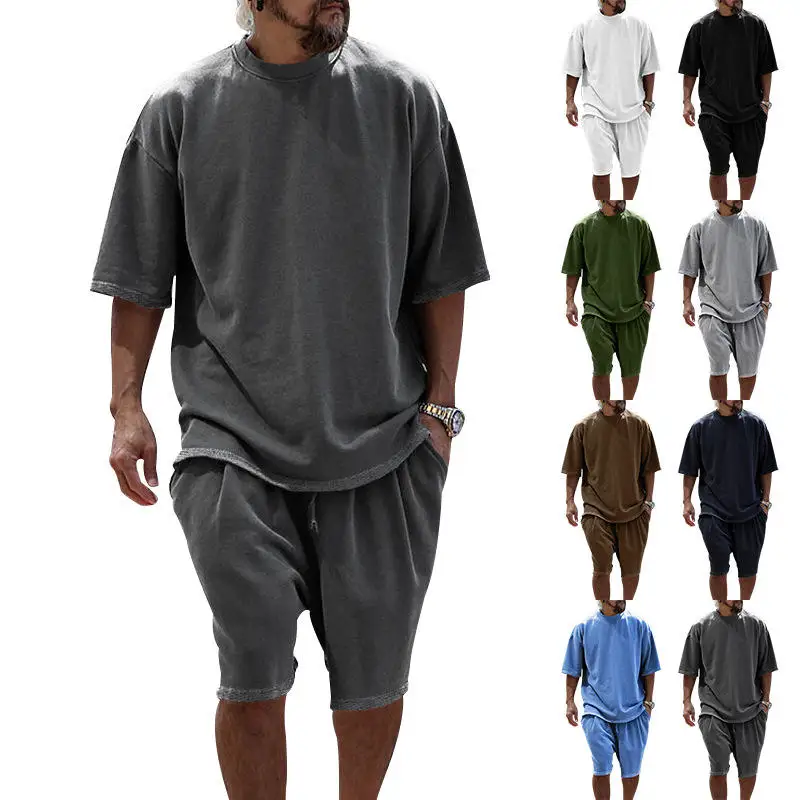 

Мужской летний повседневный костюм-двойка с коротким рукавом и шортами: комфортный, дышащий, модный, цветной, для стройности фигуры